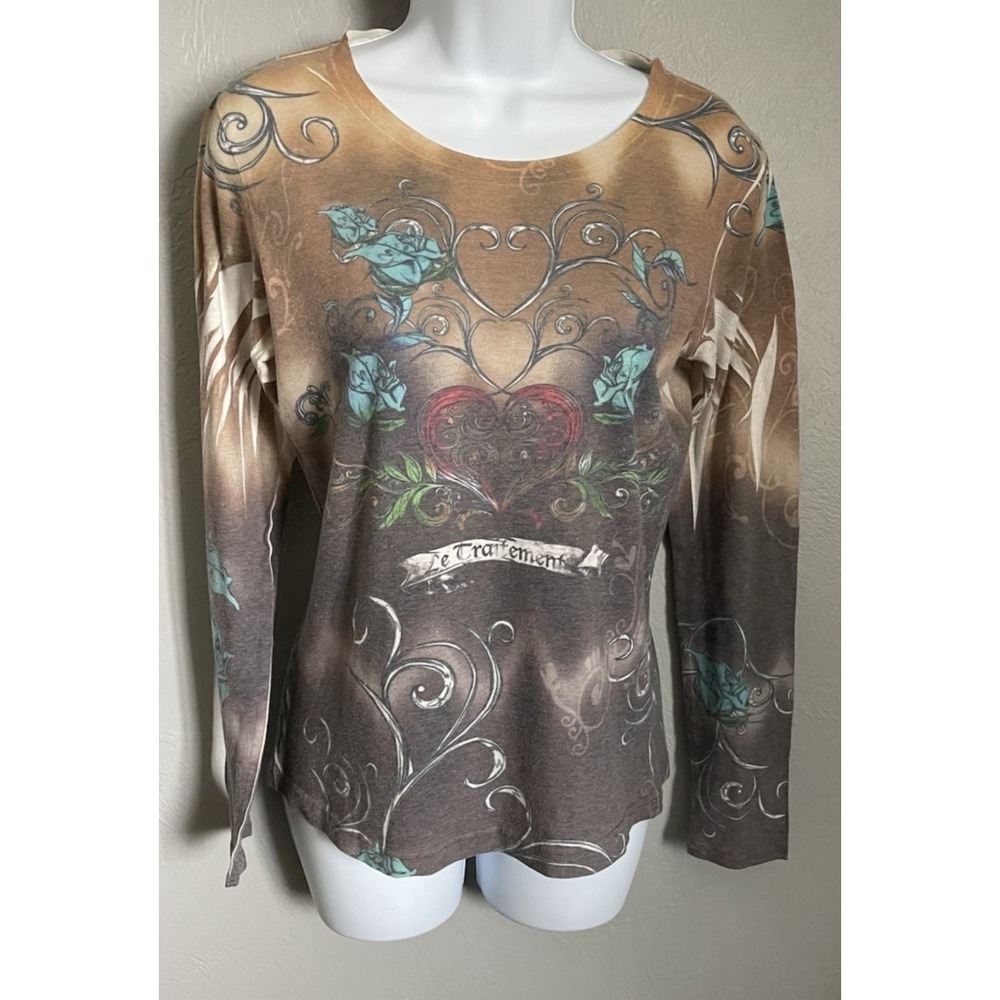 Roper T Shirt Womens Size Small Brown Lightweight Long Sleeve Floral Fitted Top